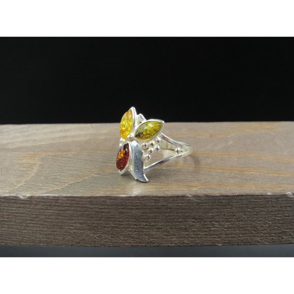 Size 9 Sterling Silver Triple Amber Floral Design Band Ring Vintage Statement - Picture 3 of 8